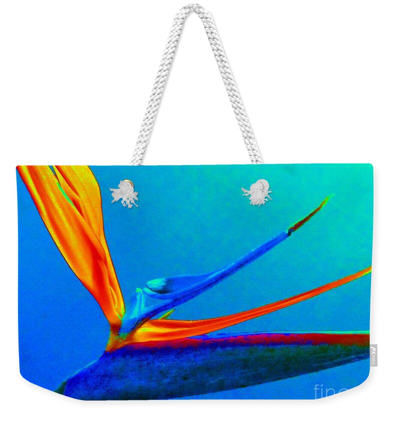 Flower Weekender Tote Bag featuring the photograph Bird Of Paradise With Blue Background #2 by Susan Carella