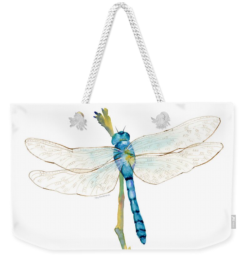 Blue Weekender Tote Bag featuring the painting Blue Dragonfly by Amy Kirkpatrick