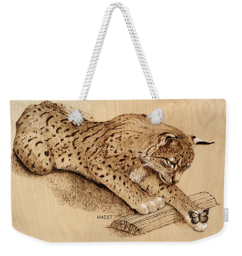 Nature Weekender Tote Bag featuring the pyrography Bobcat and Friend by Ron Haist