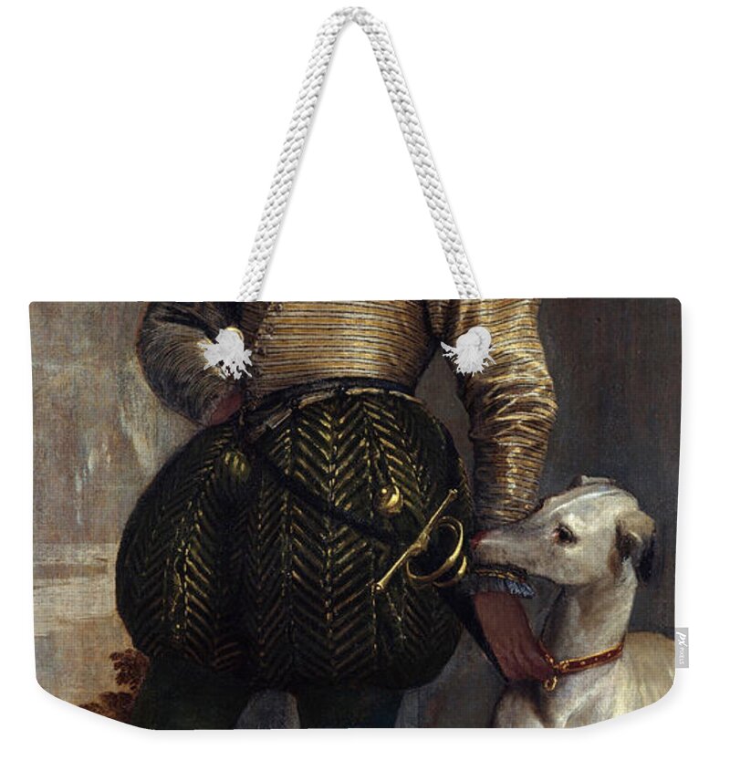 Paolo Veronese Weekender Tote Bag featuring the painting Boy with a Greyhound by Paolo Veronese