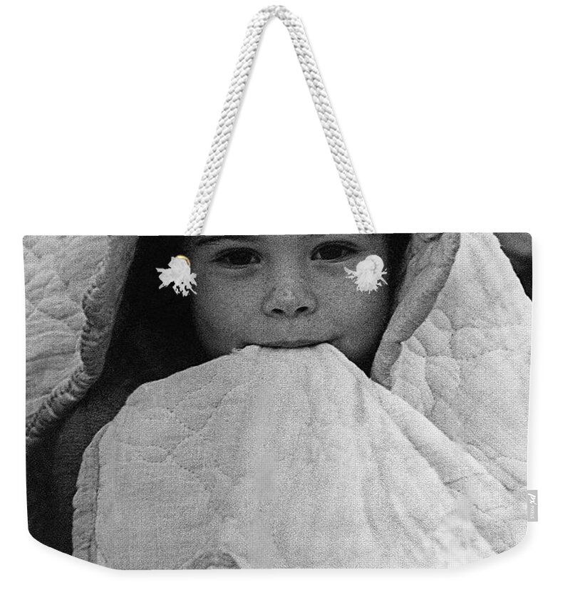 Bundled Up Child Demolition Derby Tucson Arizona January 1969 Weekender Tote Bag featuring the photograph Bundled Up Child Demolition Derby Tucson Arizona January 1969 #2 by David Lee Guss