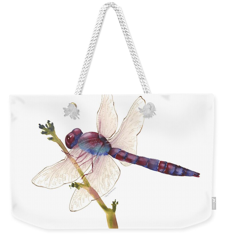Burgundy Weekender Tote Bag featuring the painting Burgundy Dragonfly #1 by Amy Kirkpatrick