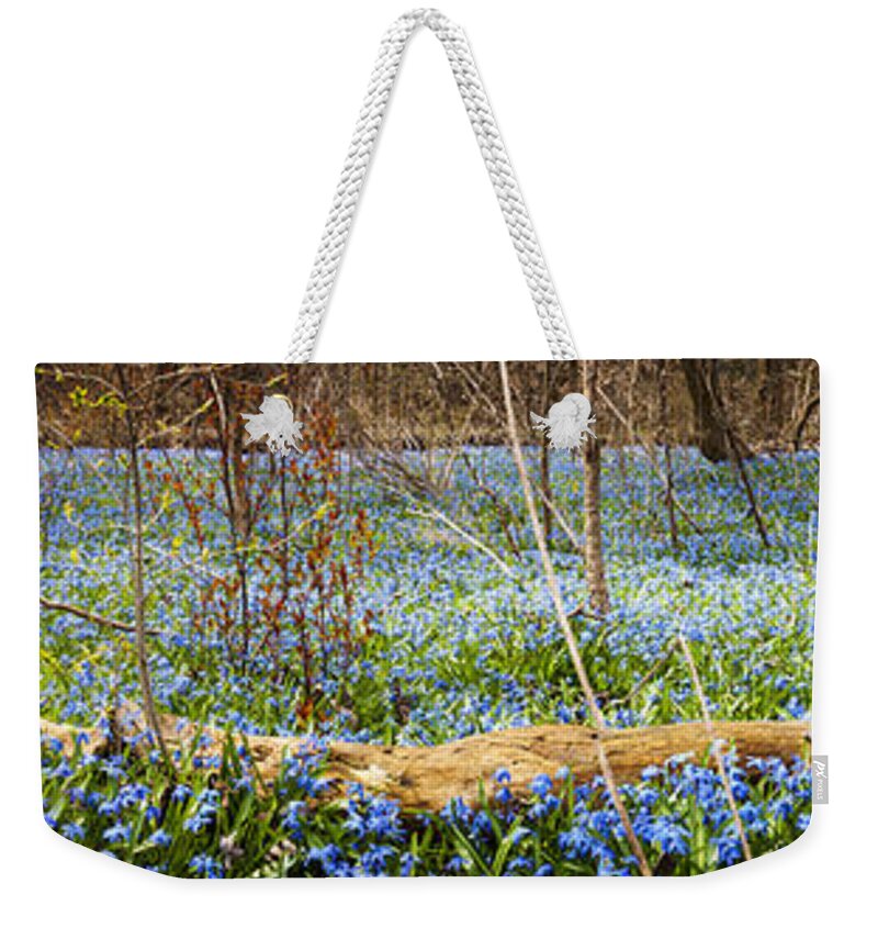 Flowers Weekender Tote Bag featuring the photograph Carpet of blue flowers in spring forest 2 by Elena Elisseeva