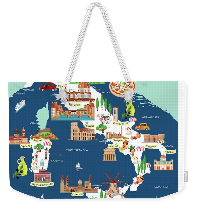 Adriatic Sea Weekender Tote Bag featuring the digital art Cartoon Map Of Italy by Drmakkoy