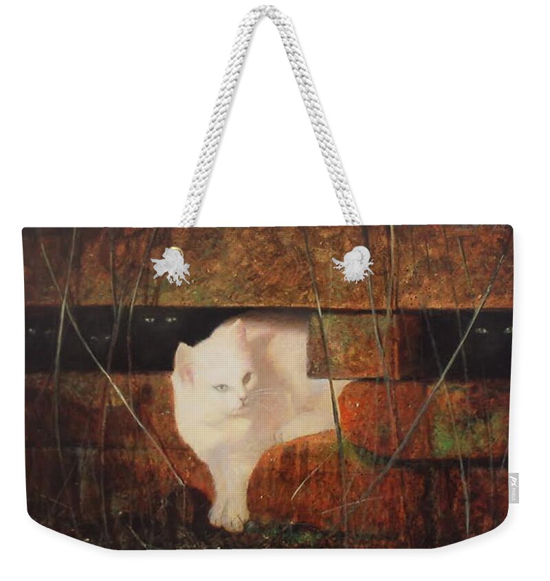 Cat Weekender Tote Bag featuring the painting Castaway Cats by Blue Sky