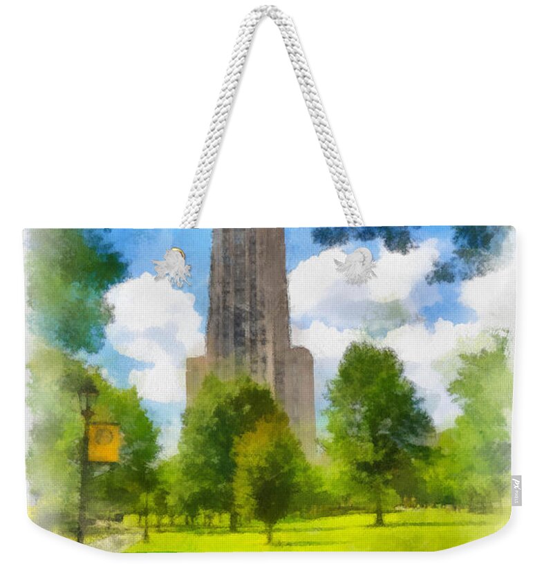 Allegheny County Weekender Tote Bag featuring the digital art Cathedral of Learning University of PIttsburgh #1 by Amy Cicconi