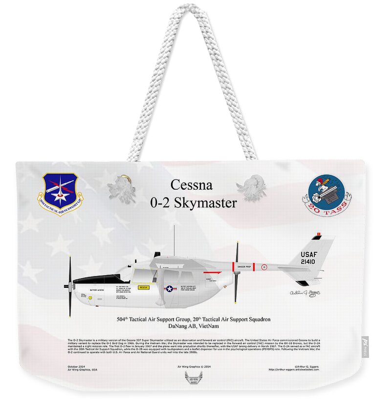 Cessna Weekender Tote Bag featuring the digital art Cessna O-2 Skymaster FLAG BACKGROUND by Arthur Eggers