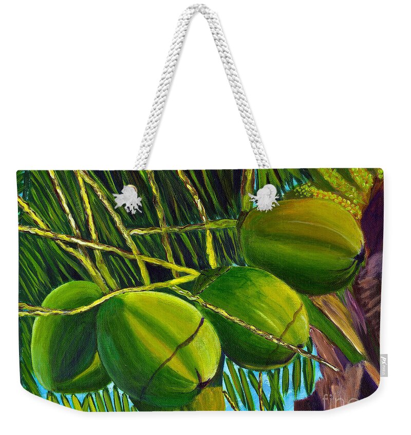 Coconuts Weekender Tote Bag featuring the painting Coconuts at sunset by Laura Forde