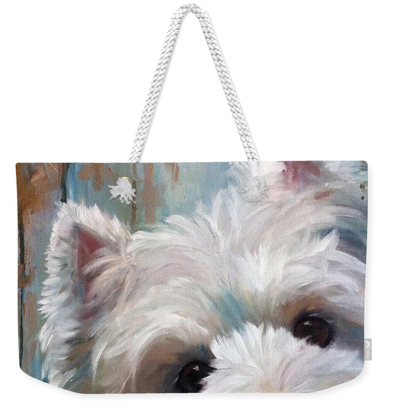 Westie Weekender Tote Bag featuring the painting Drip by Mary Sparrow