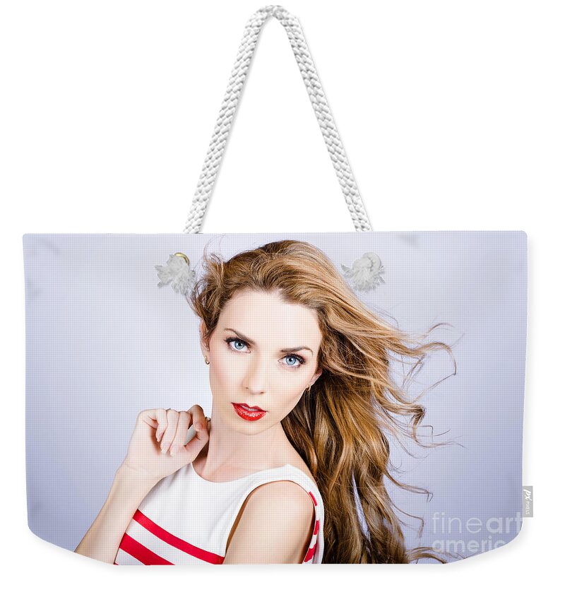 Hair Weekender Tote Bag featuring the photograph Fashion beauty girl. Beautiful woman long red hair #1 by Jorgo Photography