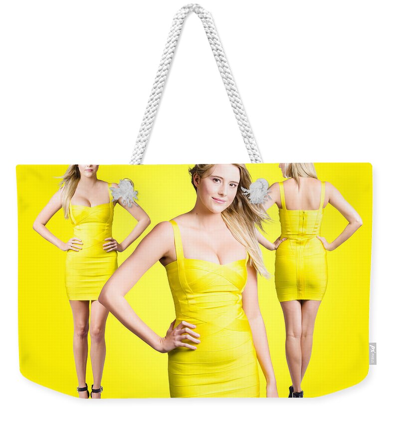 Fashion Weekender Tote Bag featuring the photograph Fashionable girls. Young ladies in summer fashion #1 by Jorgo Photography