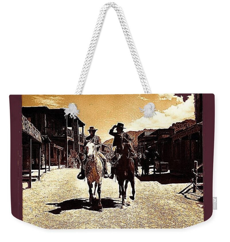 Film Homage Mark Slade Cameron Mitchell Riding Horses The High Chaparral Old Tucson Arizona Weekender Tote Bag featuring the photograph Film Homage Mark Slade Cameron Mitchell Riding Horses The High Chaparral Old Tucson AZ c.1967-2013 by David Lee Guss