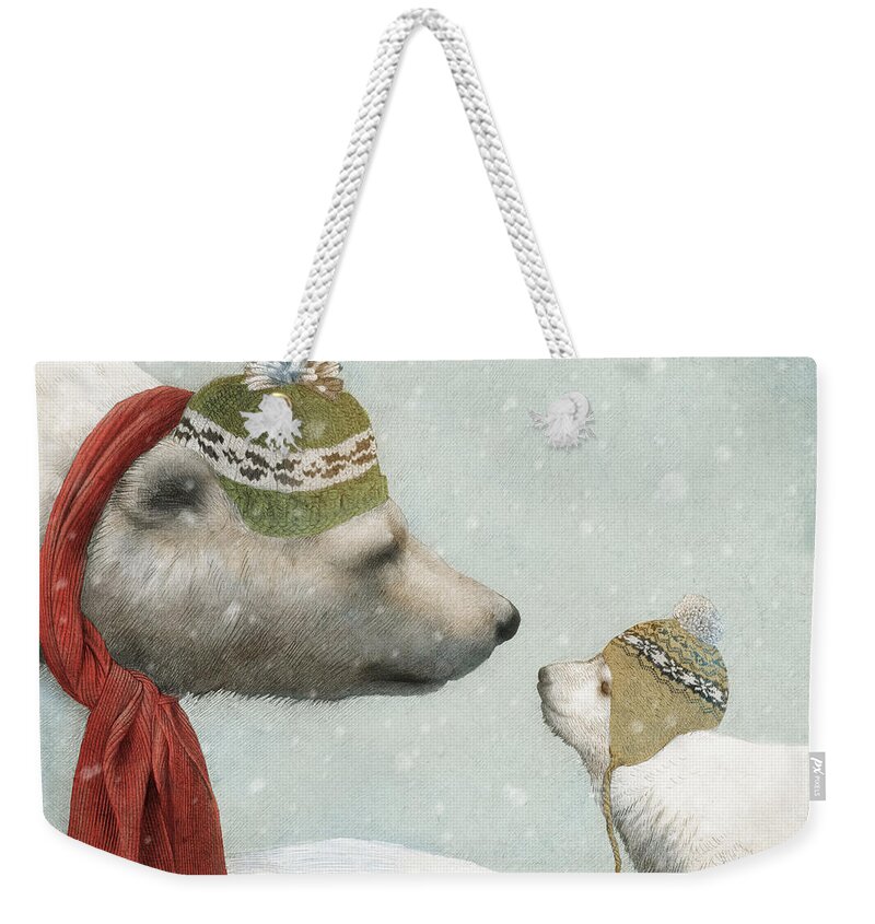 Polar Bear Weekender Tote Bag featuring the drawing First Winter by Eric Fan