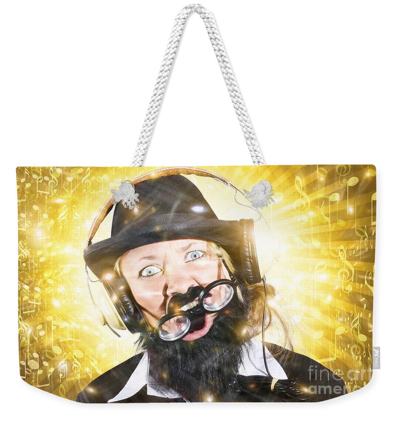 Dj Weekender Tote Bag featuring the photograph Funny male sound engineer. Mad about music by Jorgo Photography