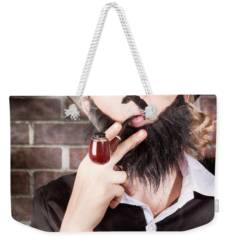 Pipe Weekender Tote Bag featuring the photograph Funny private eye detective smoking pipe #1 by Jorgo Photography