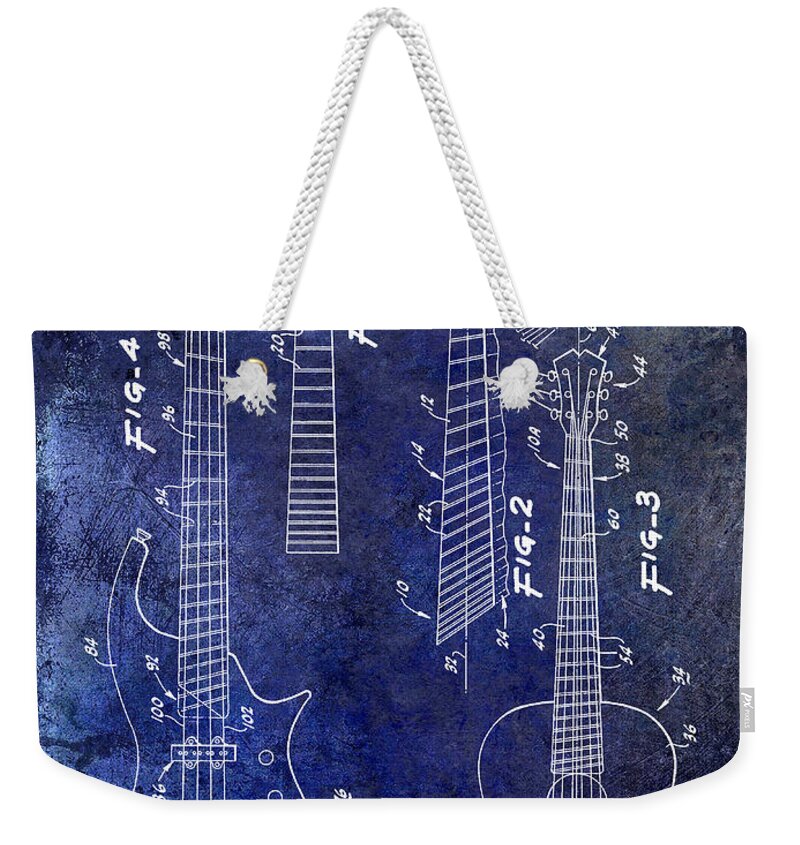 Gibson Guitar Patent Blueprint Weekender Tote Bag featuring the drawing Gibson Guitar Patent Drawing Blue #1 by Jon Neidert