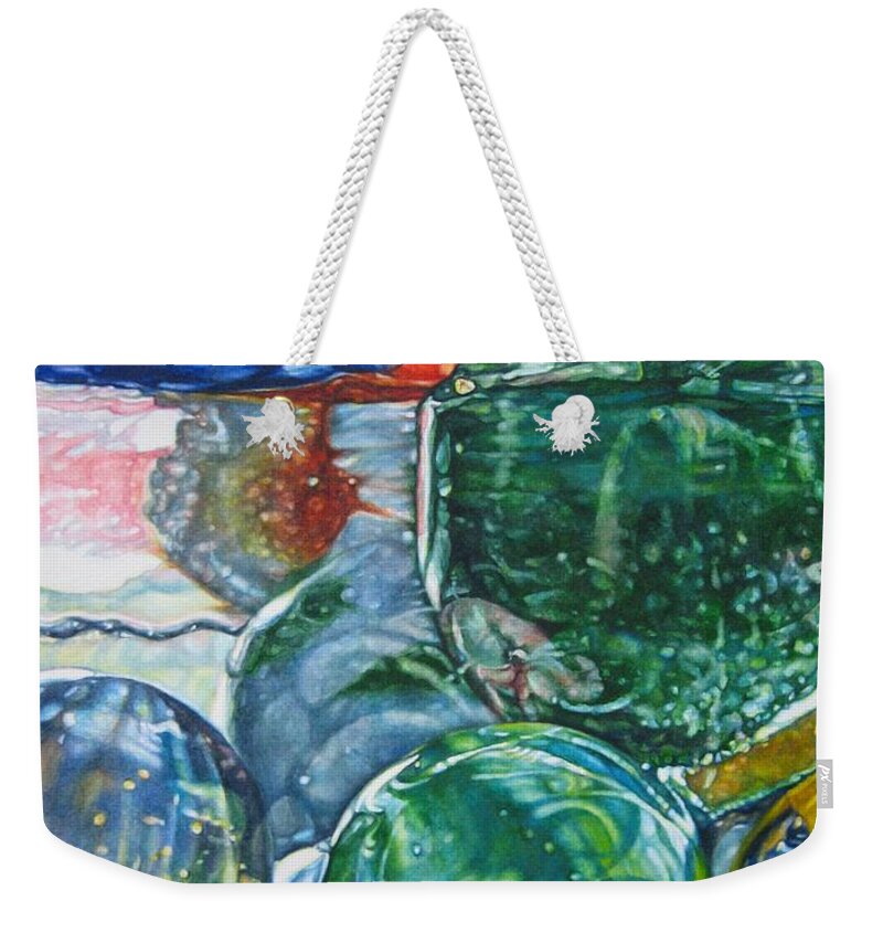 Watercolor Weekender Tote Bag featuring the painting Grandpa's Marble Jar by Tracy Male
