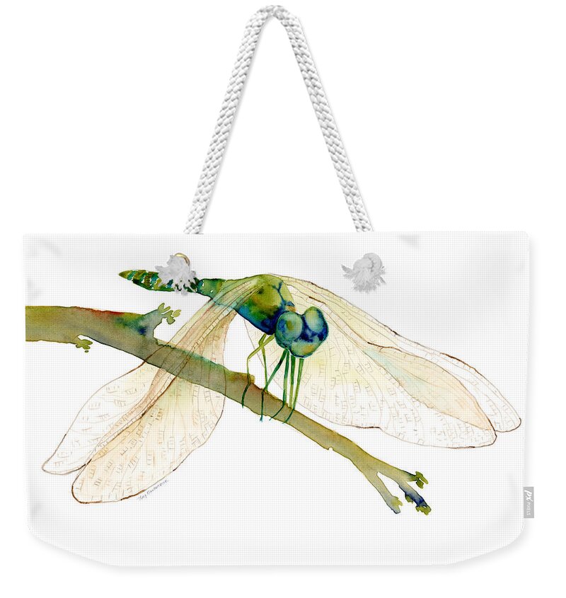 Blue Weekender Tote Bag featuring the painting Green Dragonfly by Amy Kirkpatrick