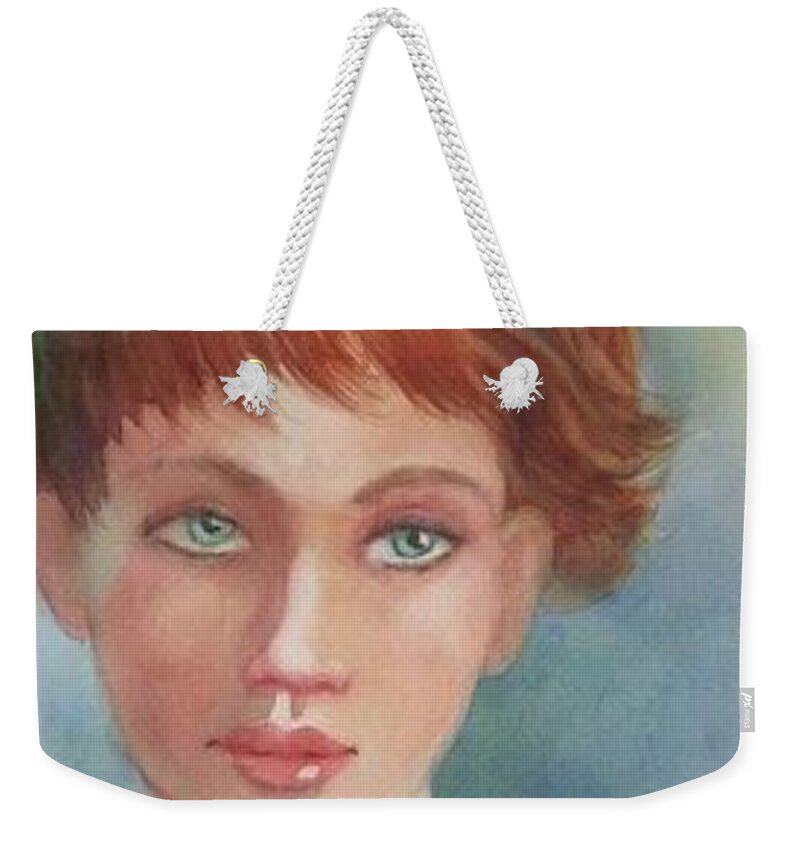 Redhead Weekender Tote Bag featuring the painting Green Eyes #1 by Marilyn Jacobson