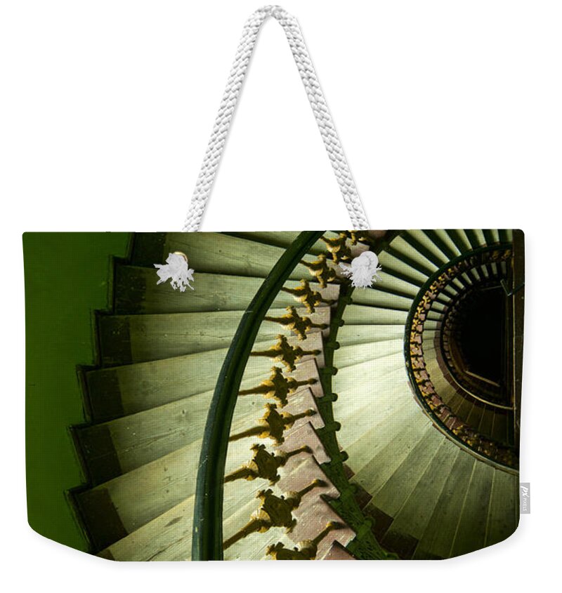 Architecture Spiral Weekender Tote Bag featuring the photograph Green spiral staircase #2 by Jaroslaw Blaminsky