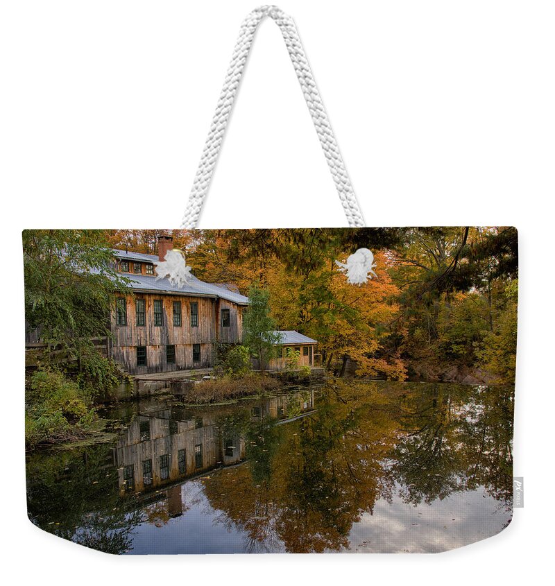 New England Mill Weekender Tote Bag featuring the photograph Hadley upper mill in autumn #1 by Jeff Folger