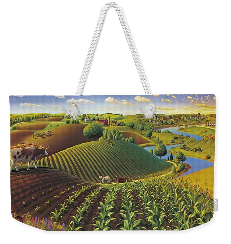 Farming Panorama Weekender Tote Bag featuring the painting Harvest Panorama by Robin Moline