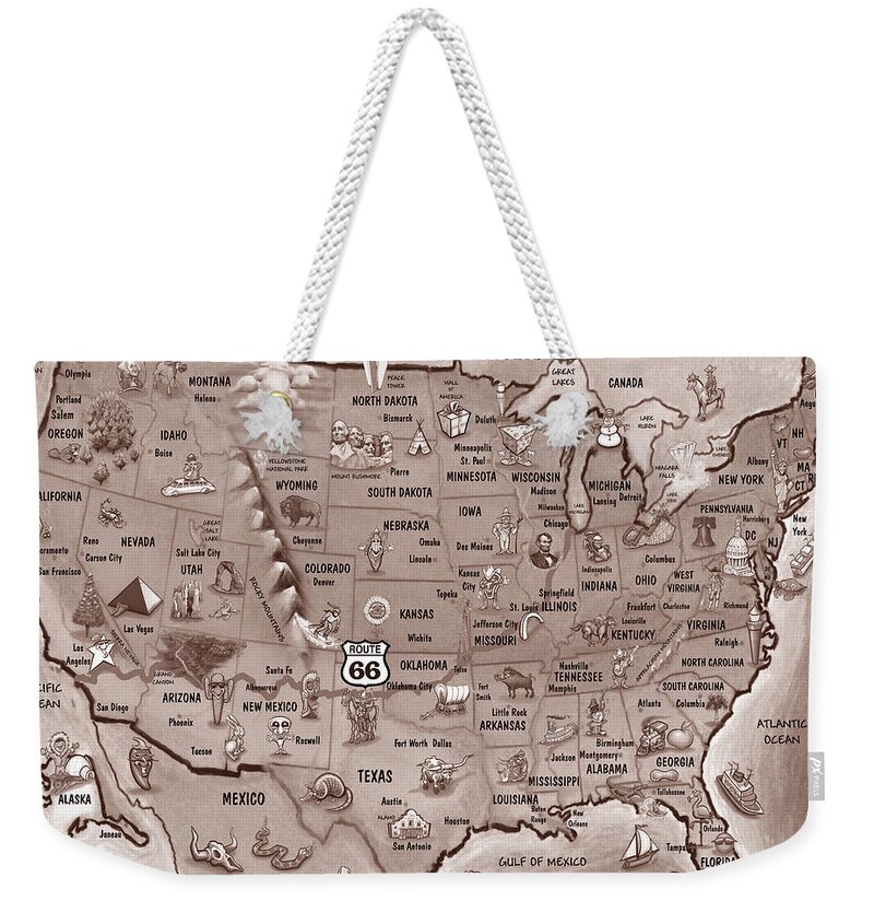 Route 66 Weekender Tote Bag featuring the painting Historic Route 66 Cartoon Map #1 by Kevin Middleton