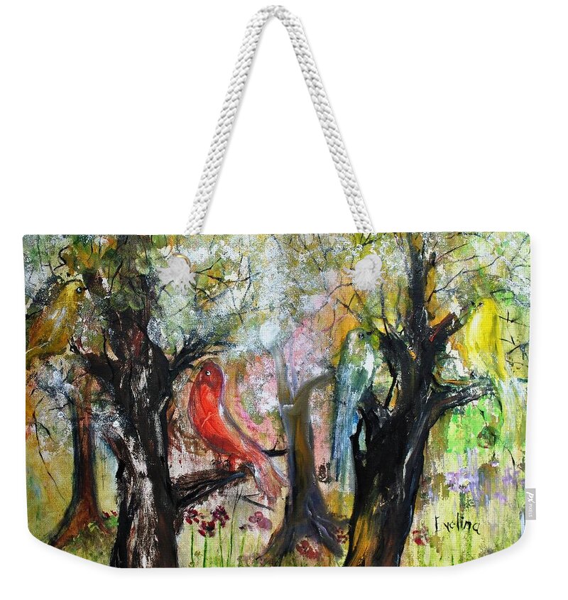 Birds Weekender Tote Bag featuring the painting In the Woods #1 by Evelina Popilian