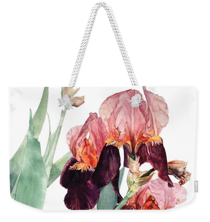 Watercolor Weekender Tote Bag featuring the painting Watercolor of a Pink and Maroon Tall Bearded Iris I call Iris La Forza del Destino by Greta Corens
