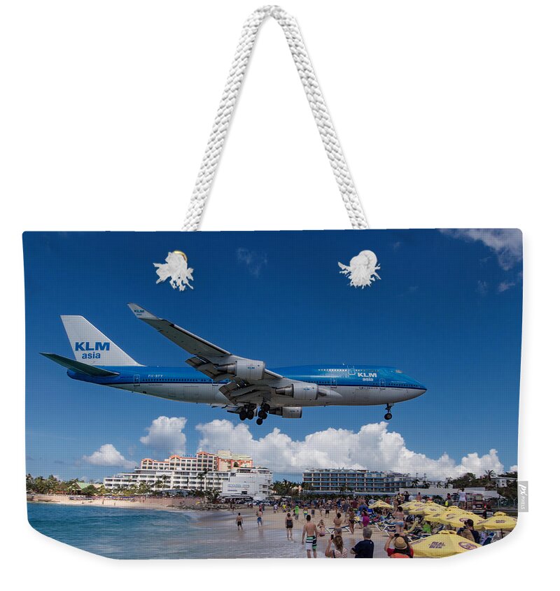 Klm Weekender Tote Bag featuring the photograph K L M landing at St. Maarten #3 by David Gleeson