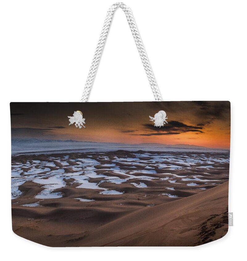 Feb0514 Weekender Tote Bag featuring the photograph Khongor Sand Dunes In Winter Gobi Desert #1 by Colin Monteath