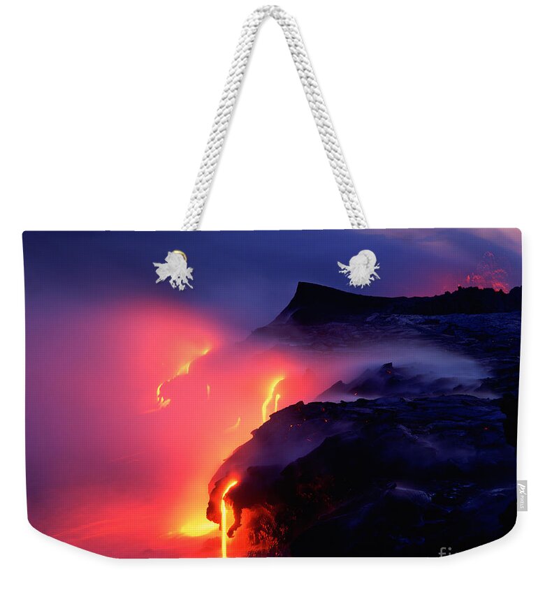 Nature Weekender Tote Bag featuring the photograph Lava Streams Into The Ocean, Kilauea #1 by Douglas Peebles