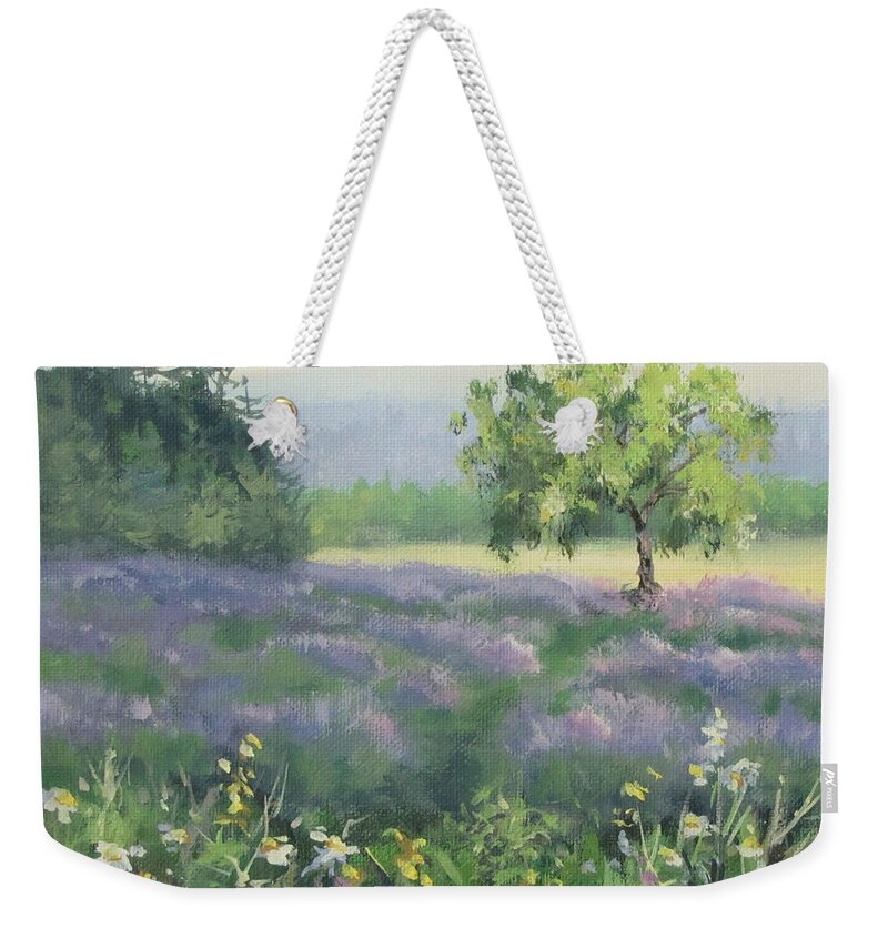 Landscape Weekender Tote Bag featuring the painting Lavender Afternoon #1 by Karen Ilari