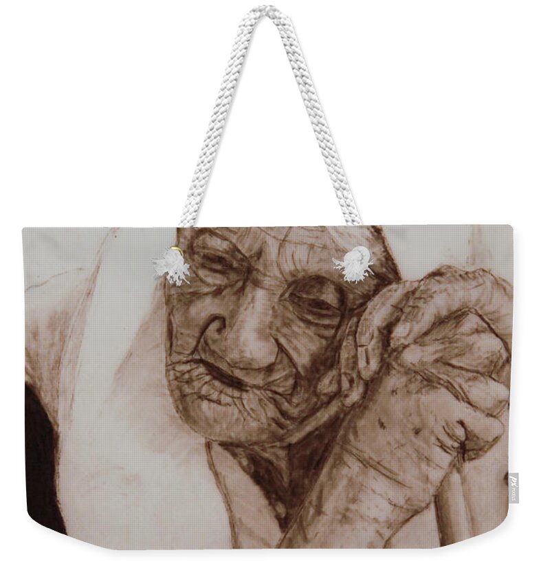 Old Woman Weekender Tote Bag featuring the drawing Loneliness by Quwatha Valentine