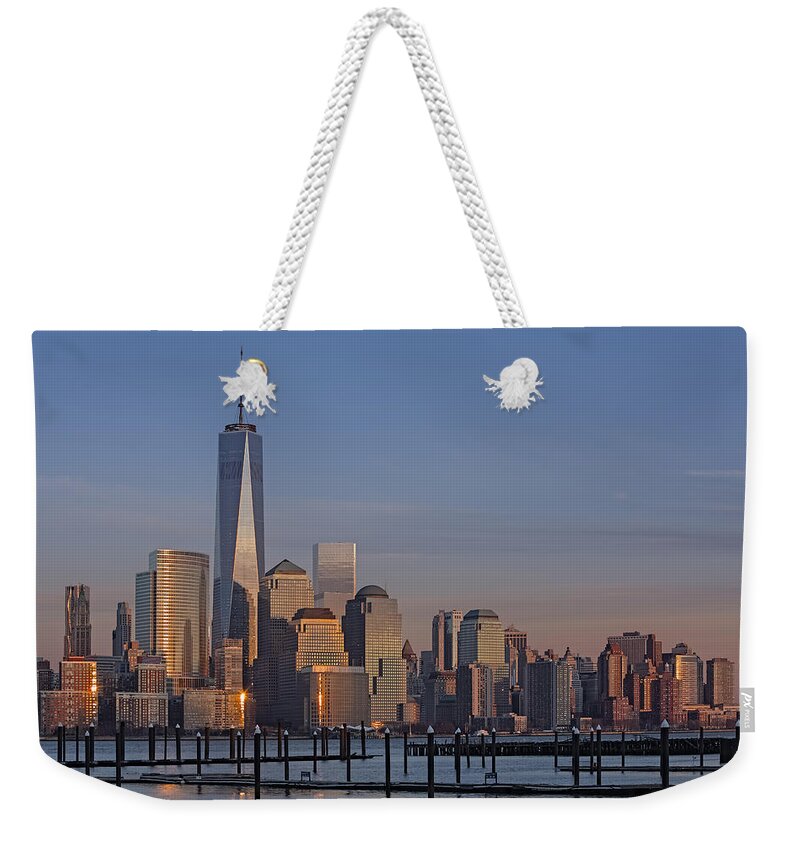 World Trade Center Weekender Tote Bag featuring the photograph Lower Manhattan Skyline by Susan Candelario