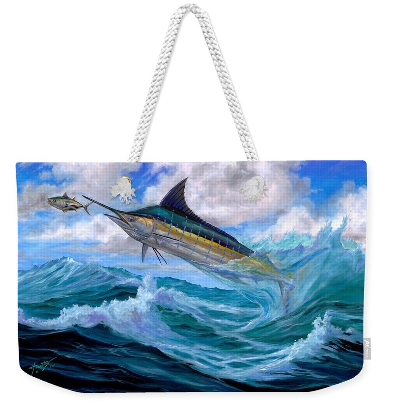 Blue Marlin Weekender Tote Bag featuring the painting Marlin Low-Flying by Terry Fox