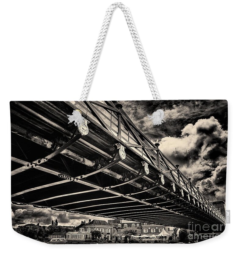 All Saints Church Weekender Tote Bag featuring the photograph Marlow Suspension Bridge spanning the River Thames #2 by Lenny Carter