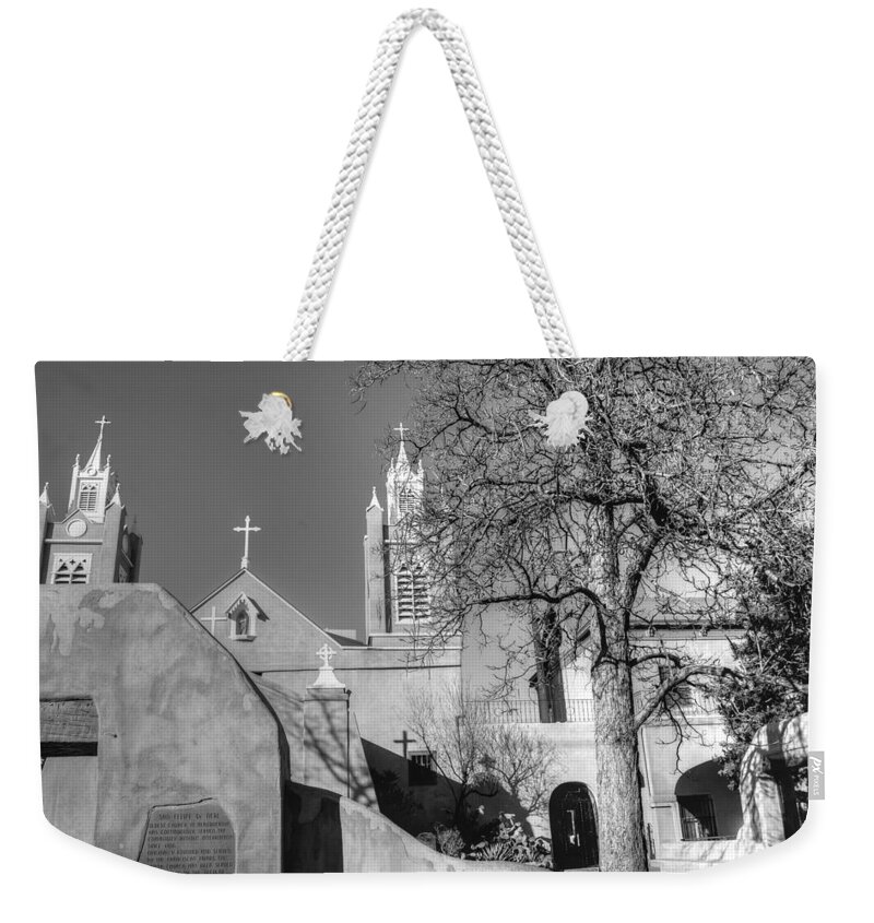 New Mexico Weekender Tote Bag featuring the photograph Mission in Black and White by Bill Hamilton