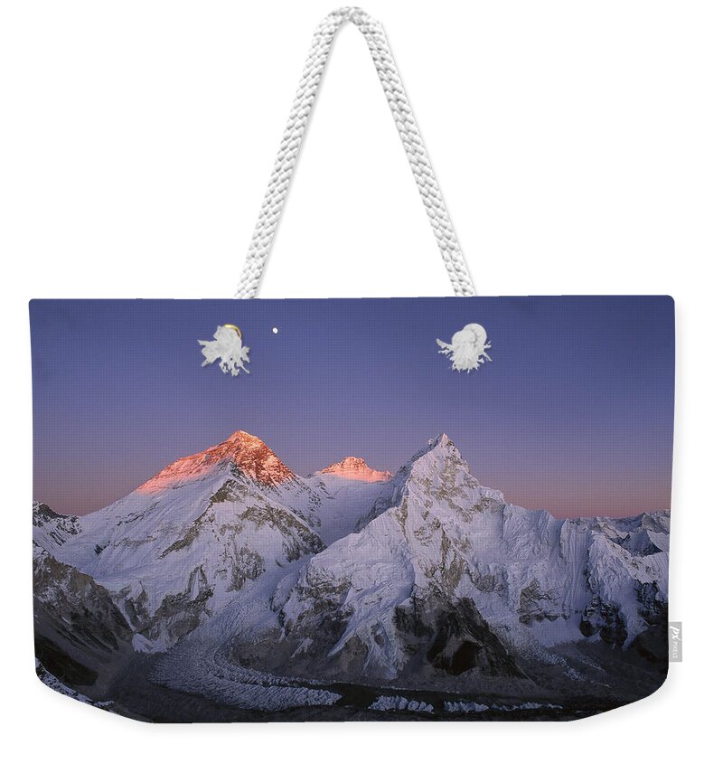 Feb0514 Weekender Tote Bag featuring the photograph Moon Over Mount Everest Summit #1 by Grant Dixon