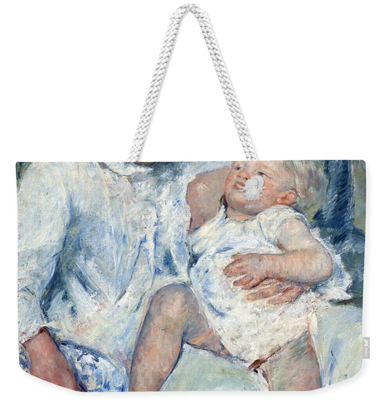 Mary Stevenson Cassatt Weekender Tote Bag featuring the painting Mother About to Wash Her Sleepy Child #1 by Mary Stevenson Cassatt
