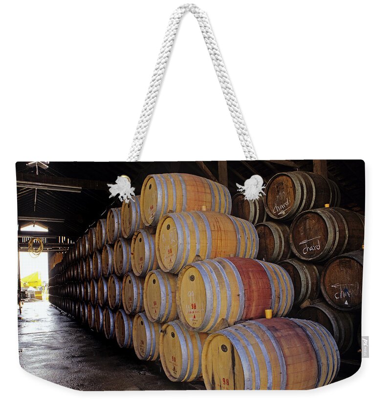 Craig Lovell Weekender Tote Bag featuring the photograph Oak Barrels at Ventana Vineyards #1 by Craig Lovell