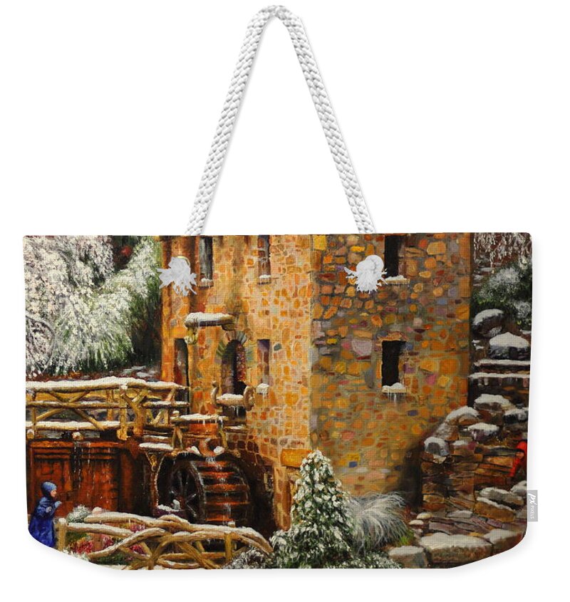 Old Mill Weekender Tote Bag featuring the painting Old Mill in Winter by Glenn Beasley
