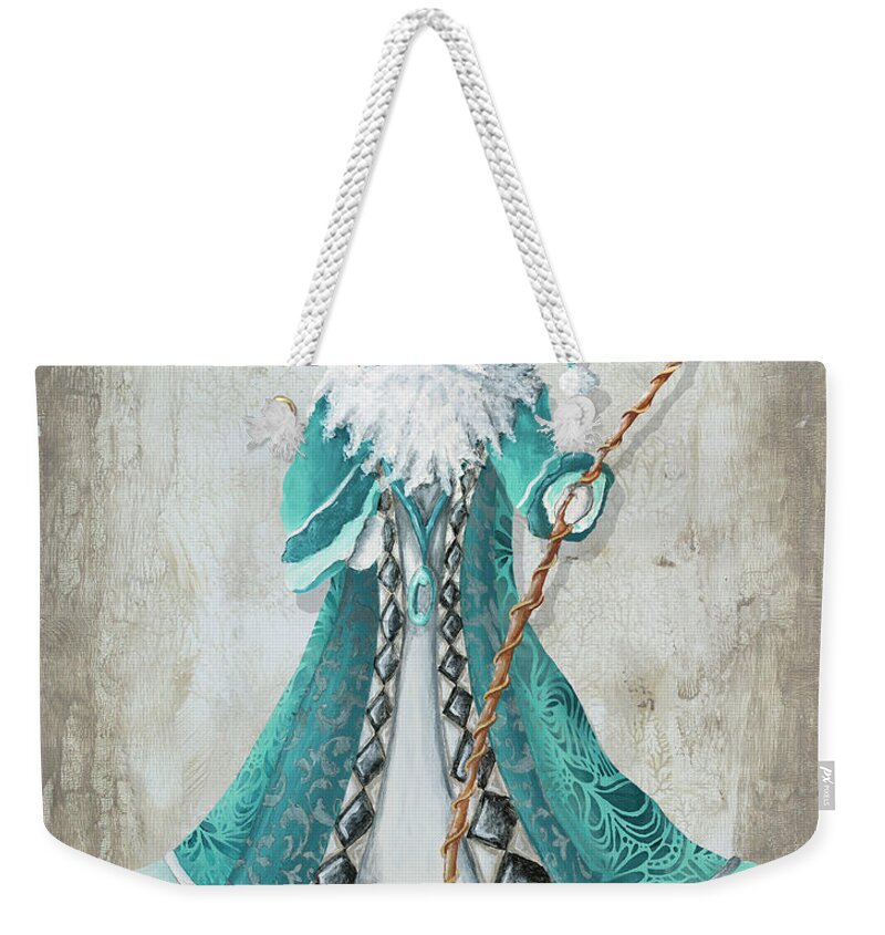 Santa Weekender Tote Bag featuring the painting Old World Style Turquoise Aqua Teal Santa Claus Christmas Art by Megan Duncanson by Megan Duncanson