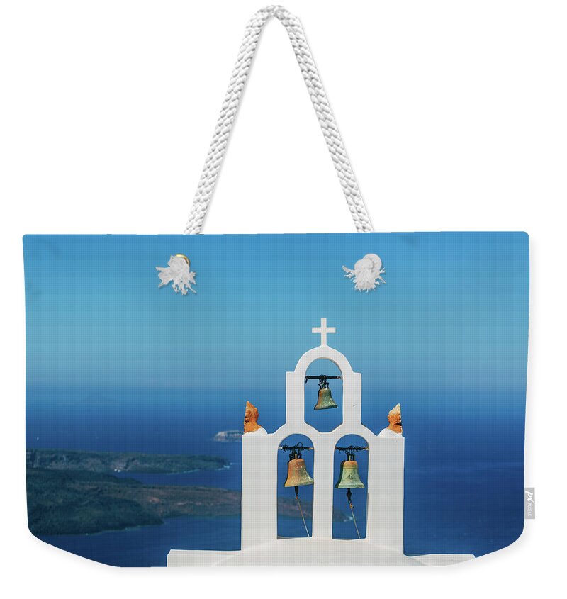 Scenics Weekender Tote Bag featuring the photograph Orthodox Church In Santorini #1 by Deimagine