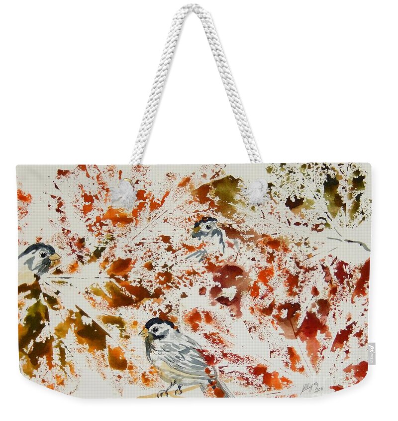 Chickadees Weekender Tote Bag featuring the painting Peek A Boo Chickadees by Ellen Levinson