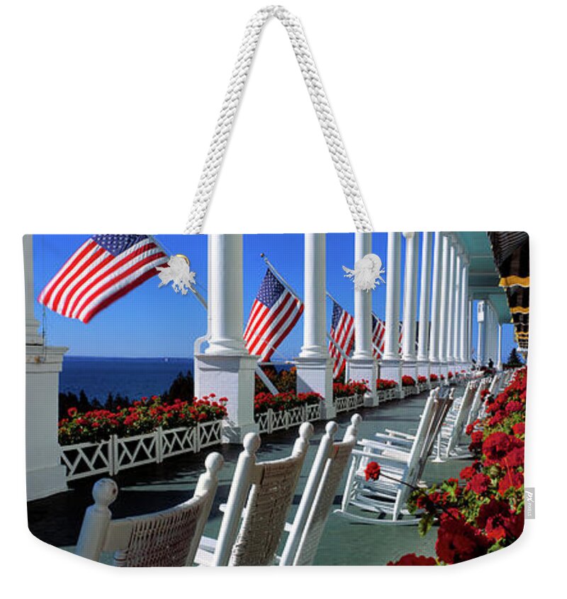 Photography Weekender Tote Bag featuring the photograph Porch Of The Grand Hotel, Mackinac #1 by Panoramic Images
