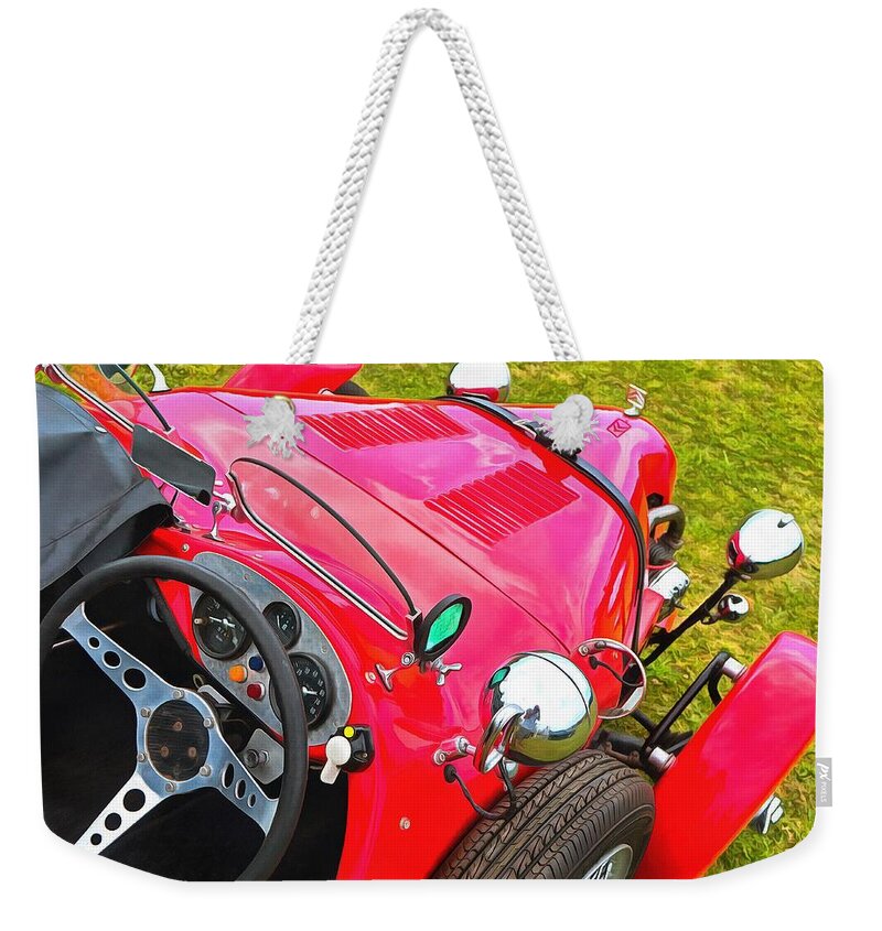  Weekender Tote Bag featuring the photograph Red Three Wheel Kit Car #1 by Mick Flynn