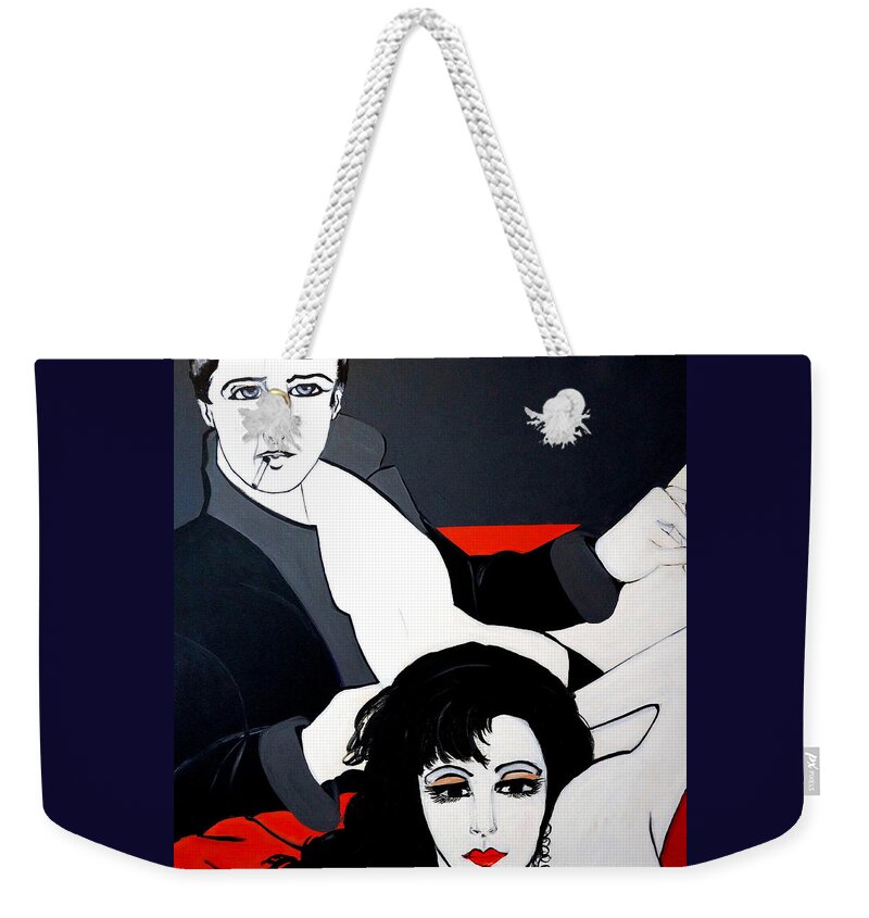 Man And Women Weekender Tote Bag featuring the painting Relax Lets Watch A Movie by Nora Shepley