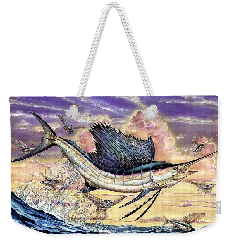 Sailfish Weekender Tote Bag featuring the painting Sailfish And Flying Fish In The Sunset by Terry Fox