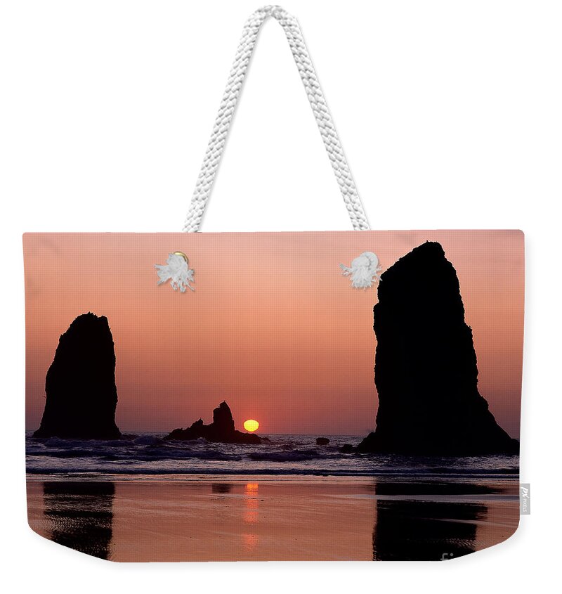 Sunset Weekender Tote Bag featuring the photograph Seastacks #1 by Jim Corwin